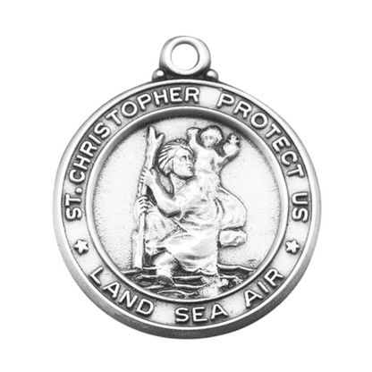 Saint Christopher Round Sterling Silver Medal Pendant — 24 Inch Chain, Gift Box