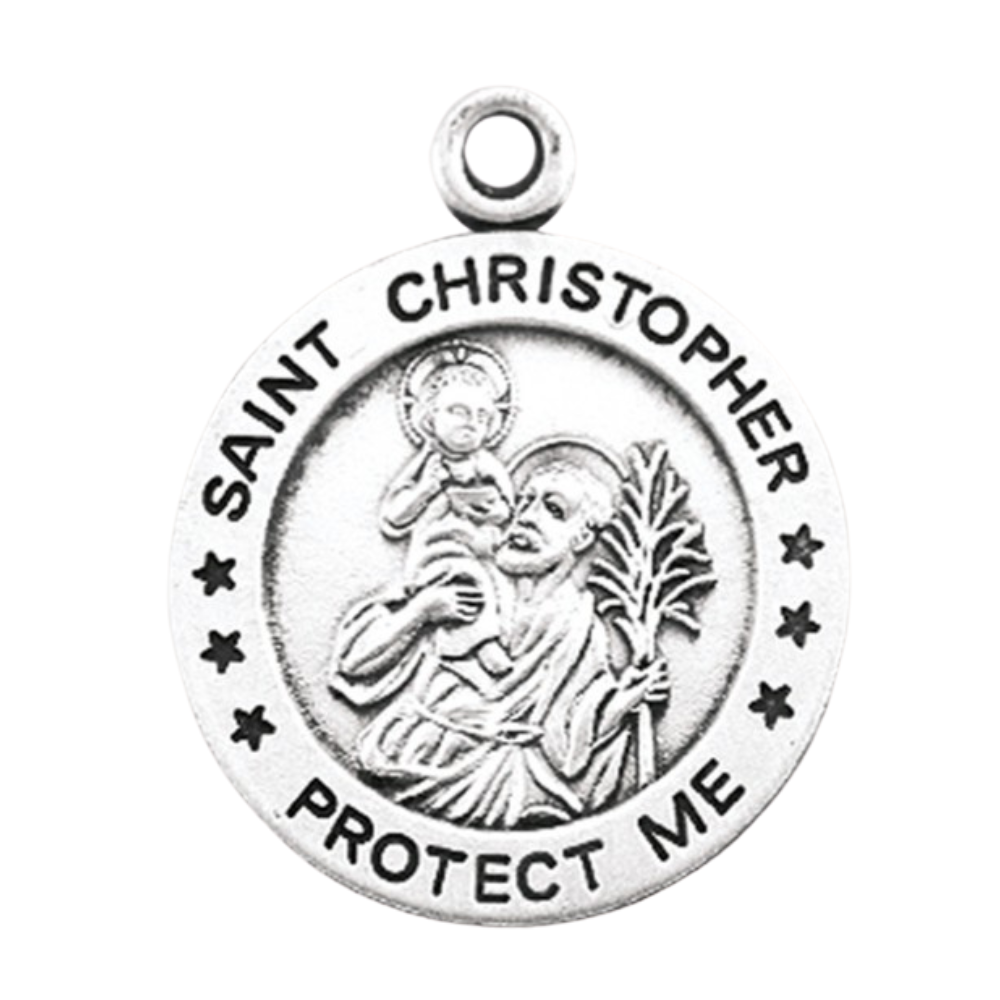 Saint Christopher Sterling Silver Round Medal Pendant — 24" Chain, Gift Box