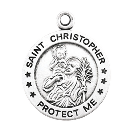 Saint Christopher Sterling Silver Round Medal Pendant — 24" Chain, Gift Box
