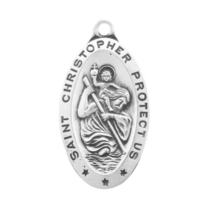 Saint Christopher Sterling Silver Oval Medal Necklace — 24" Chain, Gift Box