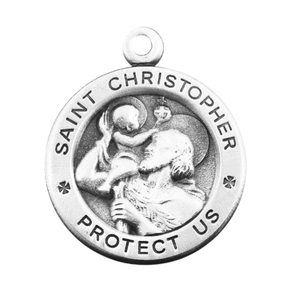 Saint Christopher Round Sterling Silver Medal Necklace - 24" Chain, Made in USA