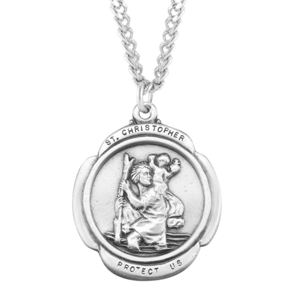 Saint Christopher Rounded Cross Sterling Silver Medal, Catholic Gift, Made in USA