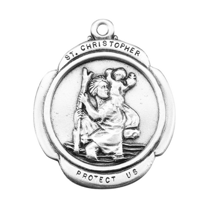 Saint Christopher Sterling Silver Cross Medal — 24" Chain, Made in USA, Gift Box