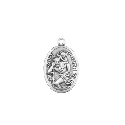 Saint Christopher Sterling Silver Oval Medal — 24" Chain, Gift Box Included