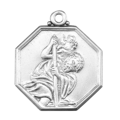 Saint Christopher Sterling Silver Octagon Medal — 24" Chain, Made in USA, Gift Box