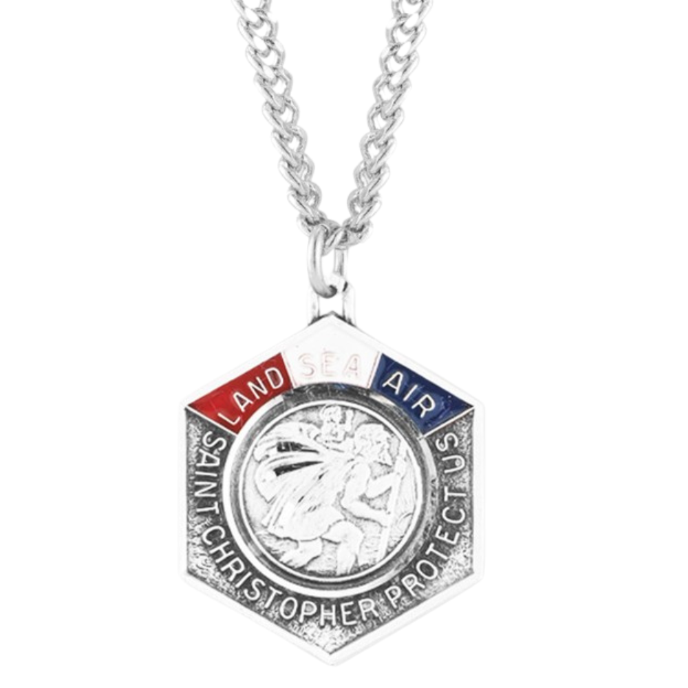 Saint Christopher Land, Sea, and Air Enameled Sterling Silver Medal, Catholic Gift, Made in USA