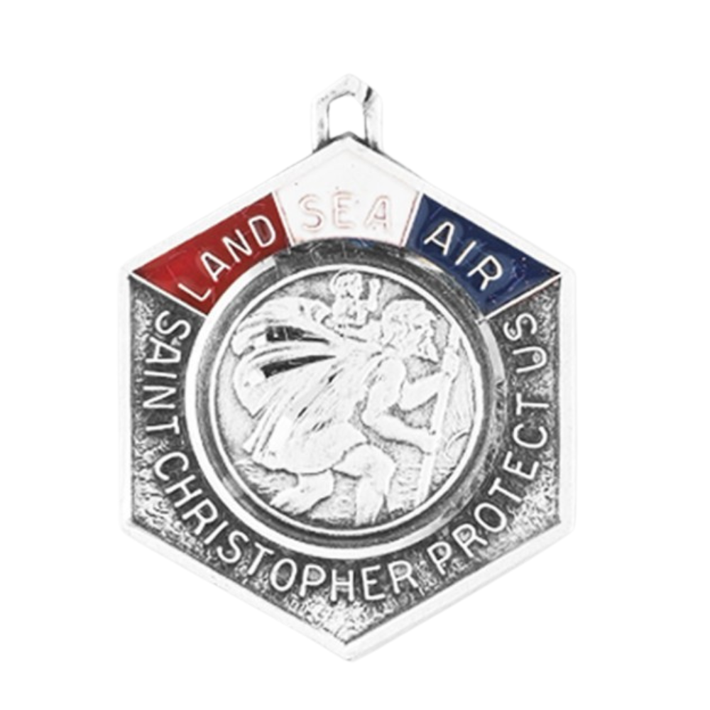 Saint Christopher Enameled Sterling Silver Medal Necklace — 24" Chain, Gift Box