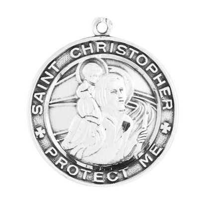 Saint Christopher Round Sterling Silver Medal Necklace — 24" Chain, Gift Box
