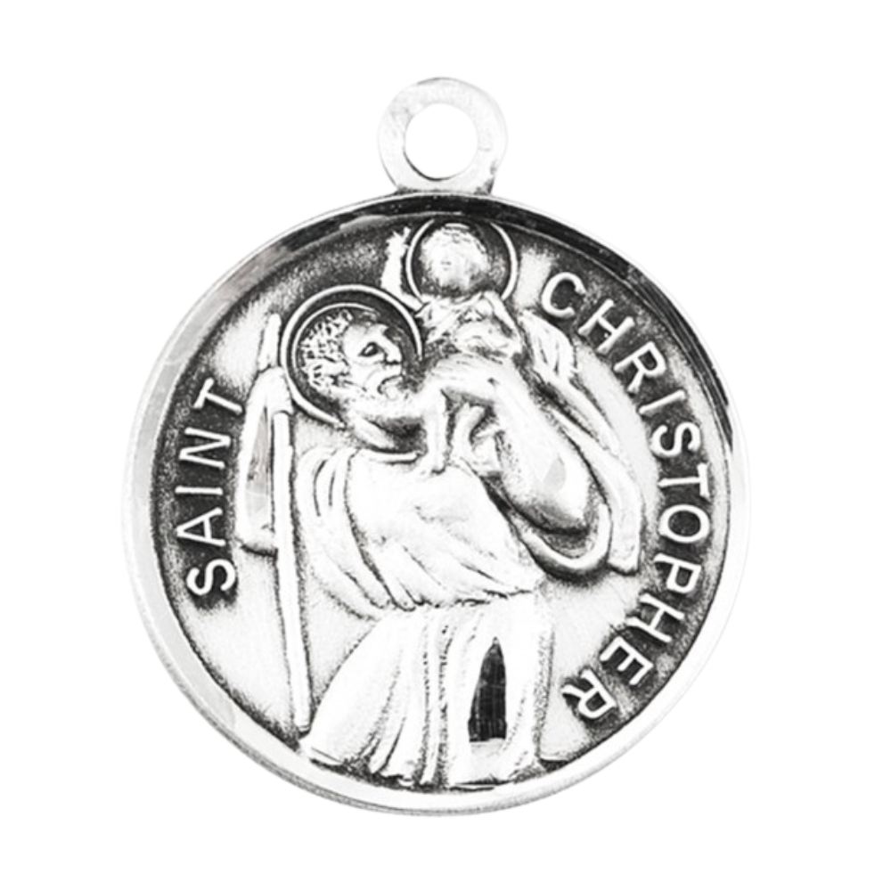 Saint Christopher Sterling Silver Round Medal Necklace — 20" Chain, Gift Box