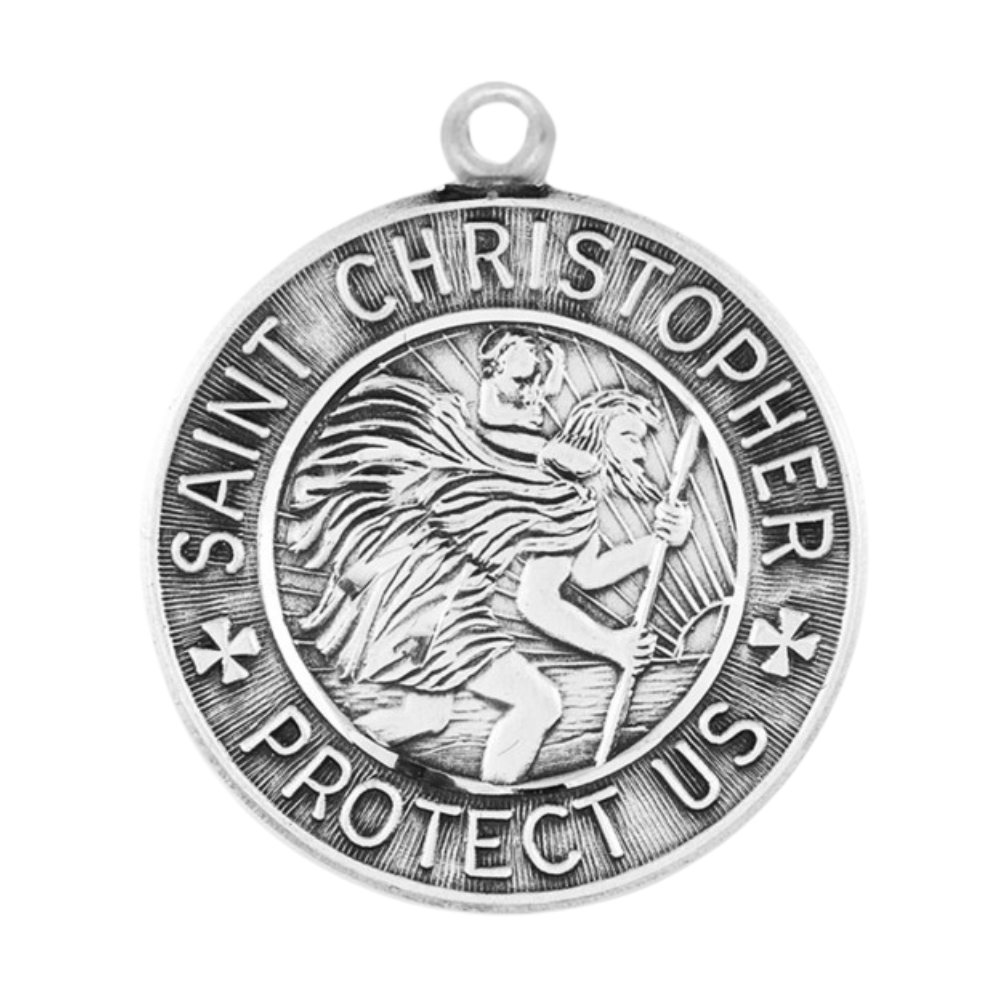 Saint Christopher Round Sterling Silver Medal Necklace — 24" Chain, Gift Box