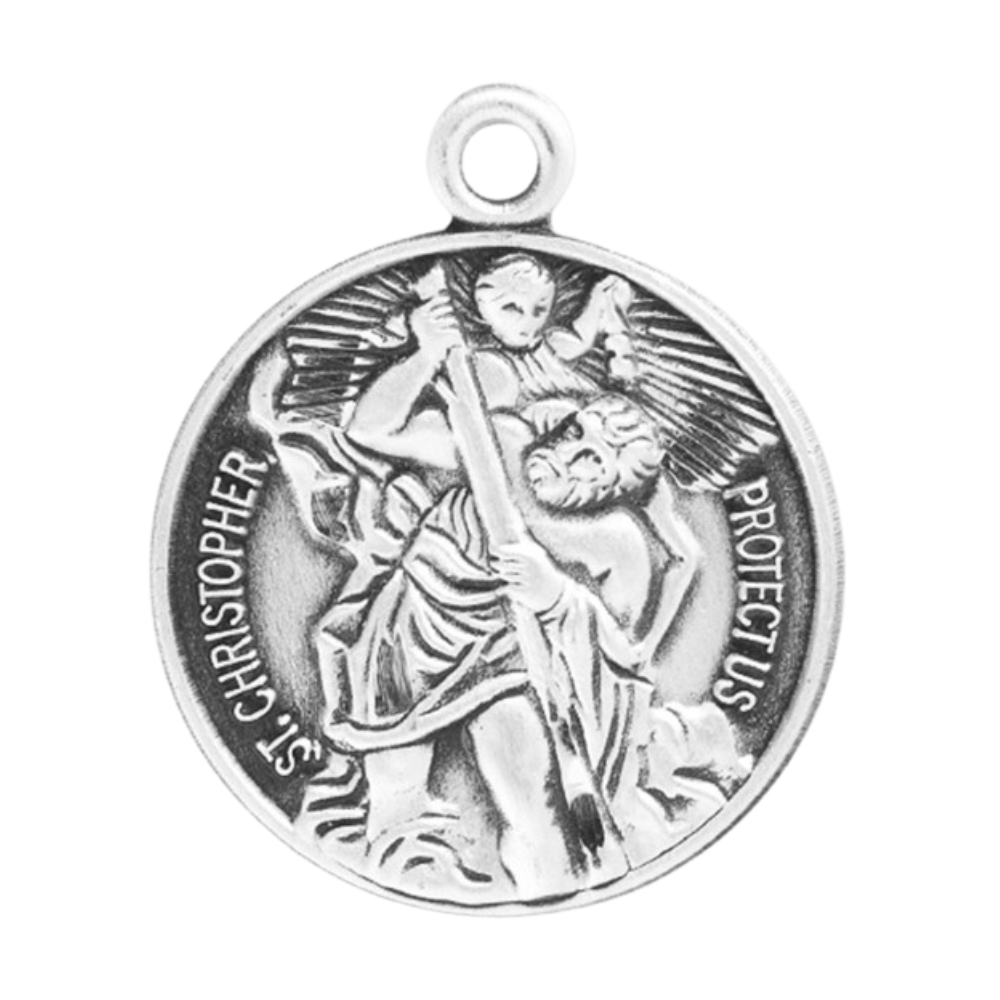 Saint Christopher Sterling Silver Round Medal Pendant — 18" Chain, Gift Box