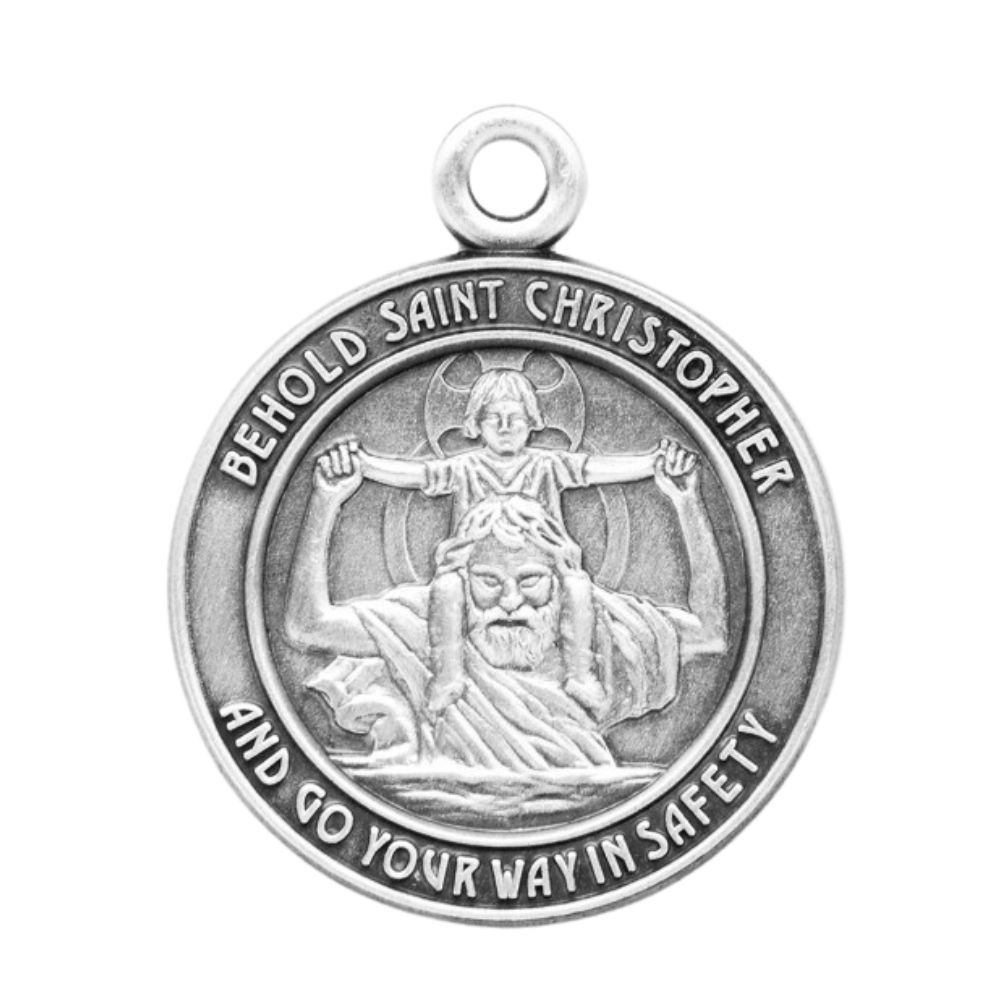 Saint Christopher Sterling Silver Round Medal Pendant — 24" Chain, Made in USA