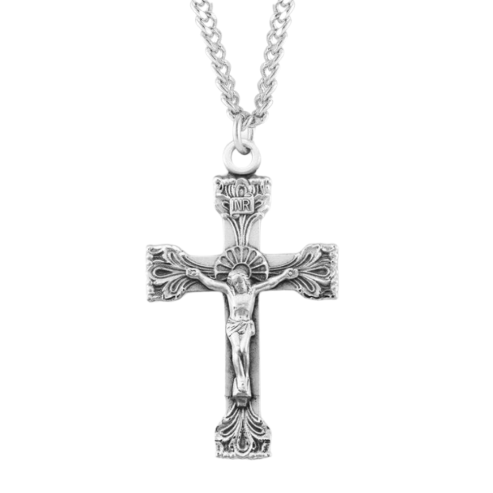 Extended Leaf Etched Sterling Silver Crucifix, Catholic Gift, Made in USA