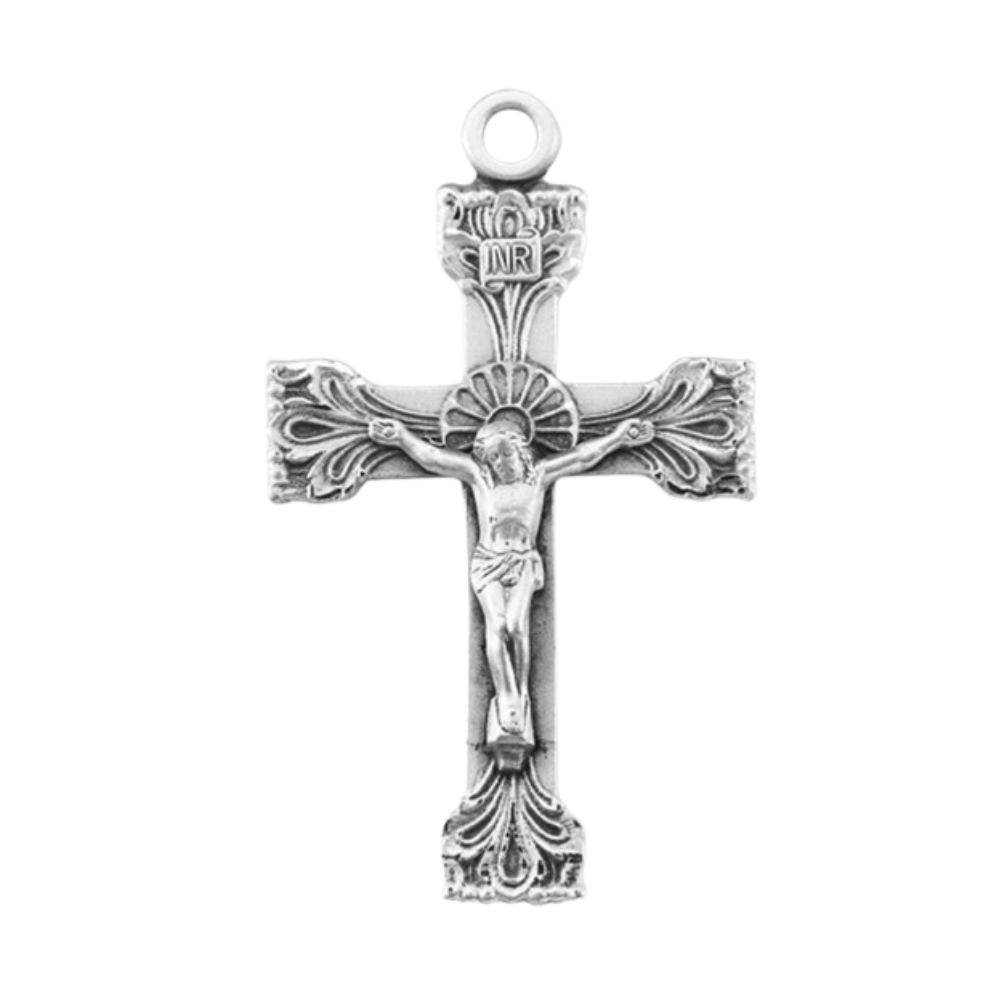 Crucifix Sterling Silver Extended Leaf Etched Pendant — 24" Chain, Gift Box