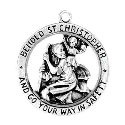 Saint Christopher Sterling Silver Round Medal Pendant — 24" Chain, Gift Box