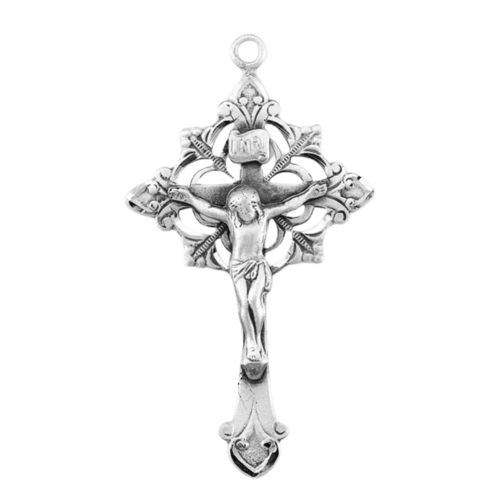 Floral Filigree Crucifix Sterling Silver Pendant — 24" Chain, Made in USA, Gift Box