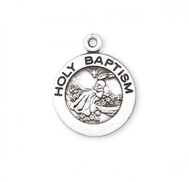 Holy Baptism Sterling Silver Round Medal Pendant — 18" Chain, Made in USA