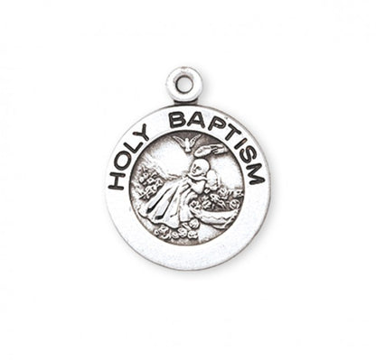 Holy Baptism Sterling Silver Round Medal Pendant — 18" Chain, Made in USA