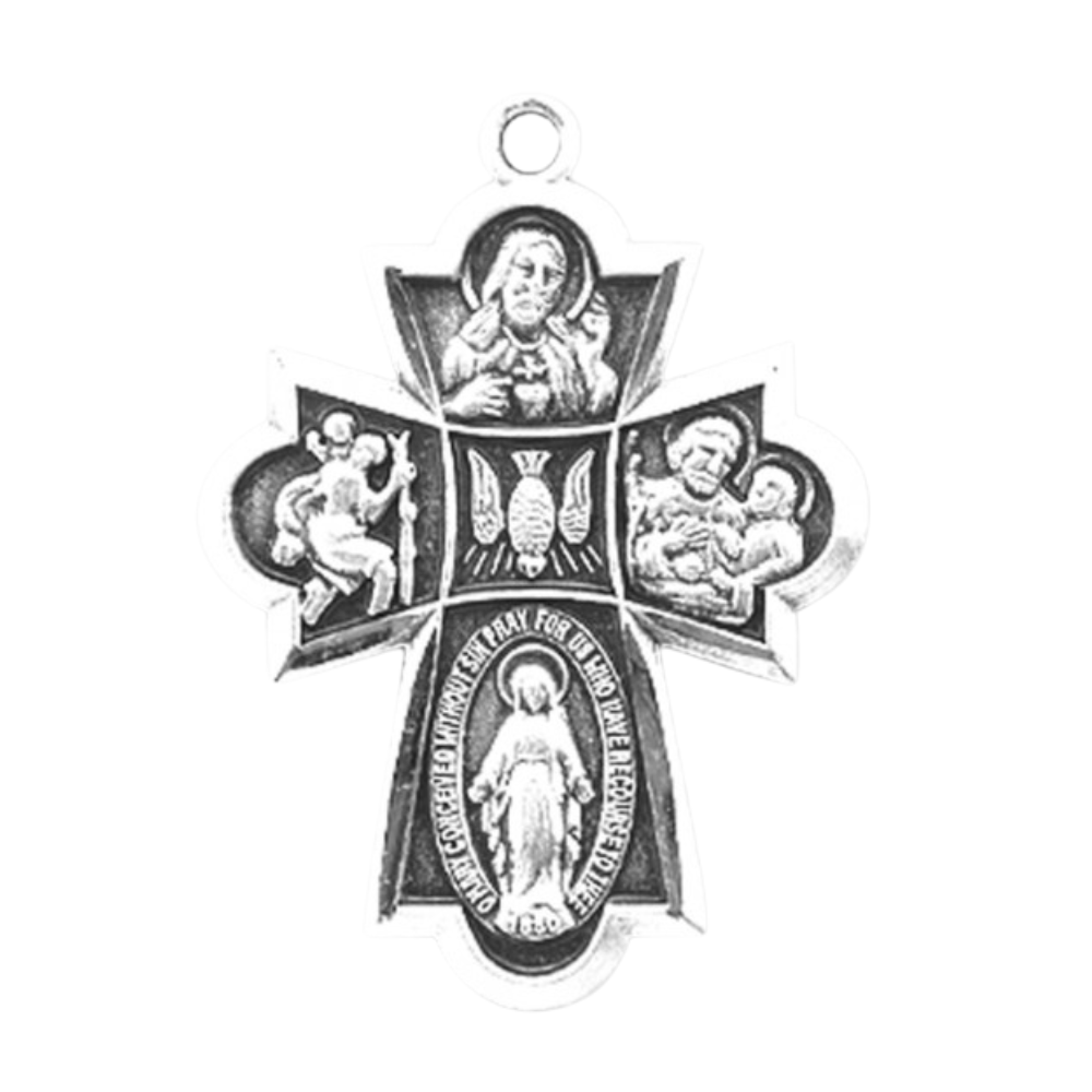 4-Way Catholic Medal Sterling Silver Pendant — 18" Chain, Made in USA, Gift Box
