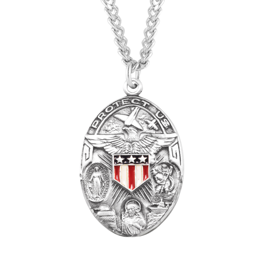 Sterling Silver Oval Military 3-Way w/Epoxy Shield, Catholic Gift, Made in USA