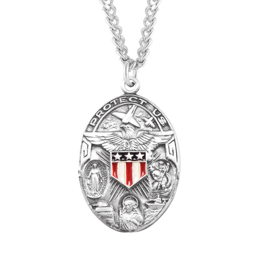 Sterling Silver Oval Military 3-Way w/Epoxy Shield, Catholic Gift, Made in USA