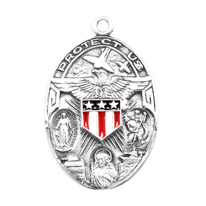 Military 3-Way Sterling Silver Medal Pendant — 24" Chain, Made in USA, Gift Box