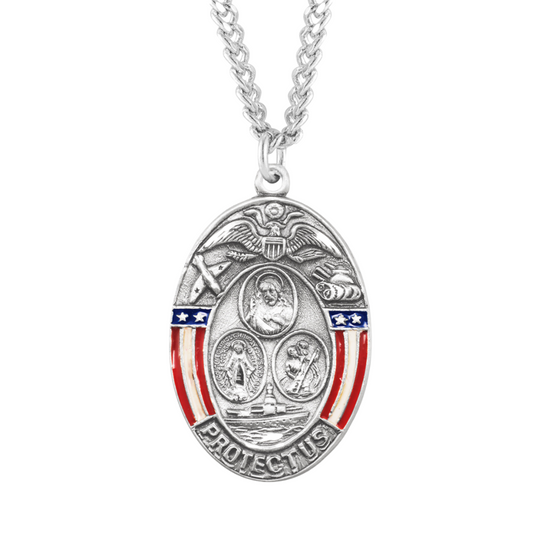 Sterling Silver Oval Military 3-Way w/Epoxy Border, Catholic Gift, Made in USA