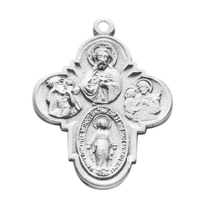 Catholic 4-Way Sterling Silver Medal Necklace — 24" Chain, Made in USA
