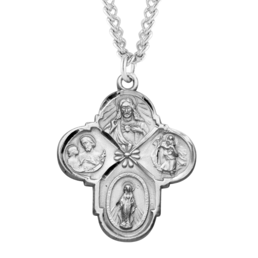 Sterling Silver Fancy 4-Way w/Flower Cntr, Catholic Gift, Made in USA