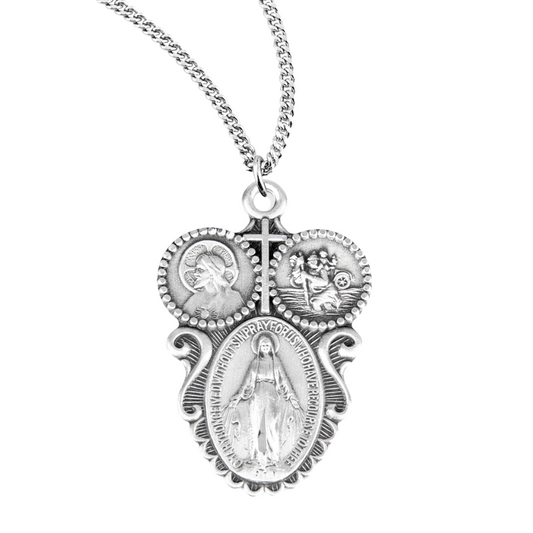 Sterling Silver 3-Way Medal, Catholic Gift, Made in USA