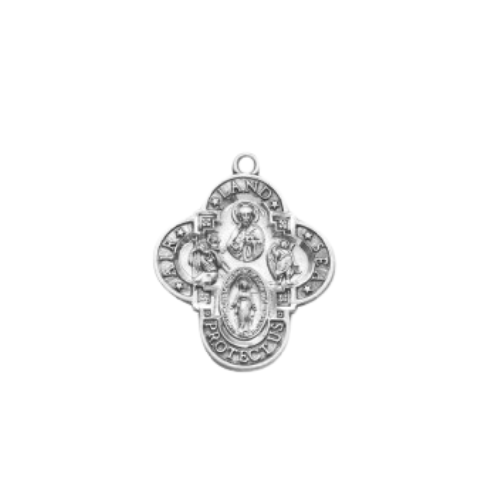 Air, Land, & Sea 4-Way Sterling Silver Medal Pendant — 24" Chain, Gift Box