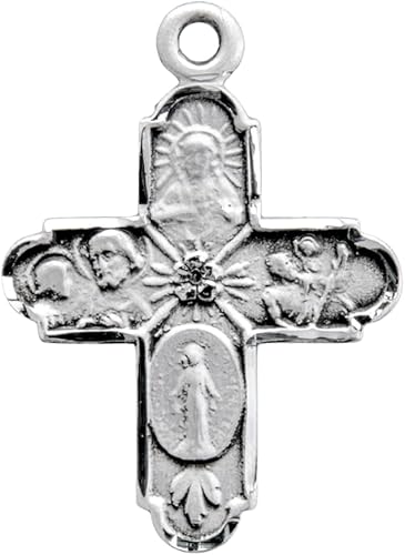4-Way Catholic Medal Sterling Silver Pendant — 18" Chain, Made in USA, Gift Box