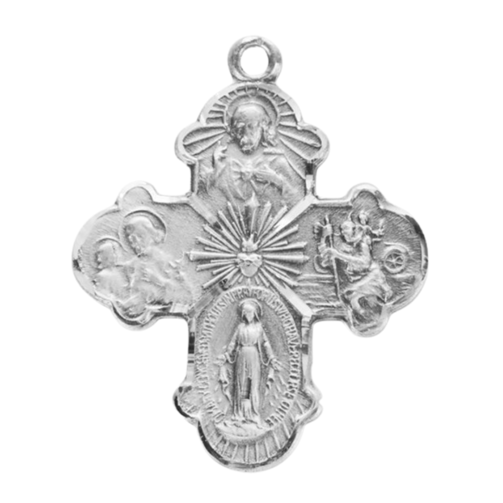 4-Way Medal Sterling Silver Necklace — 24" Chain, Made in USA, Gift Box