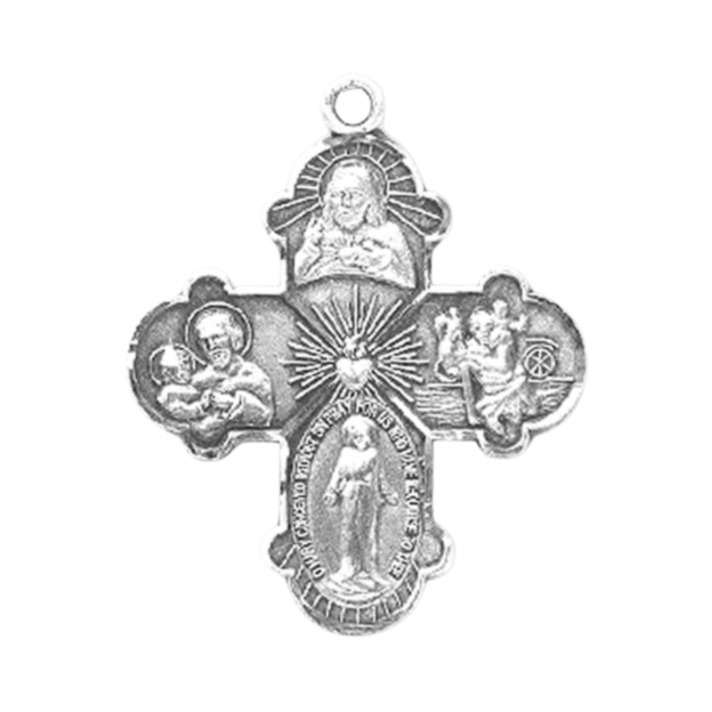 4-Way Catholic Medal Sterling Silver Necklace — 18" Chain, Gift Box Included