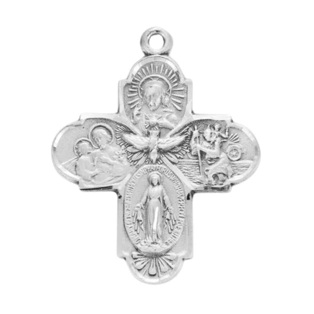 4-Way Holy Spirit Sterling Silver Medal Pendant — 24" Chain, Made in USA, Boxed