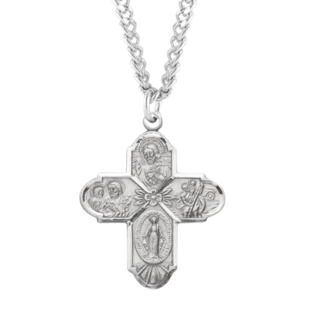 Sterling Silver 4-Way w/Flower Ctr, Catholic Gift, Made in USA