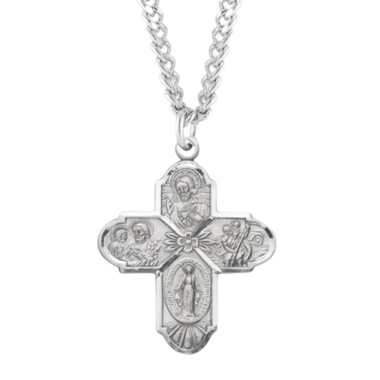 Sterling Silver 4-Way w/Flower Ctr, Catholic Gift, Made in USA