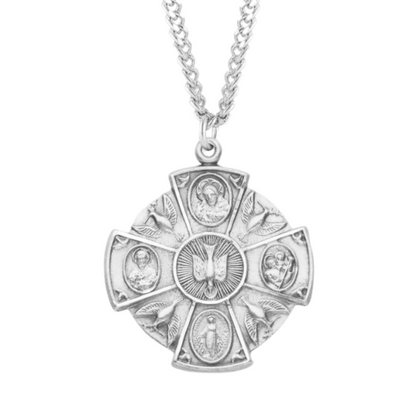 Sterling Silver Lrg Rd 4-Way W/ Holy Spirit, Catholic Gift, Made in USA