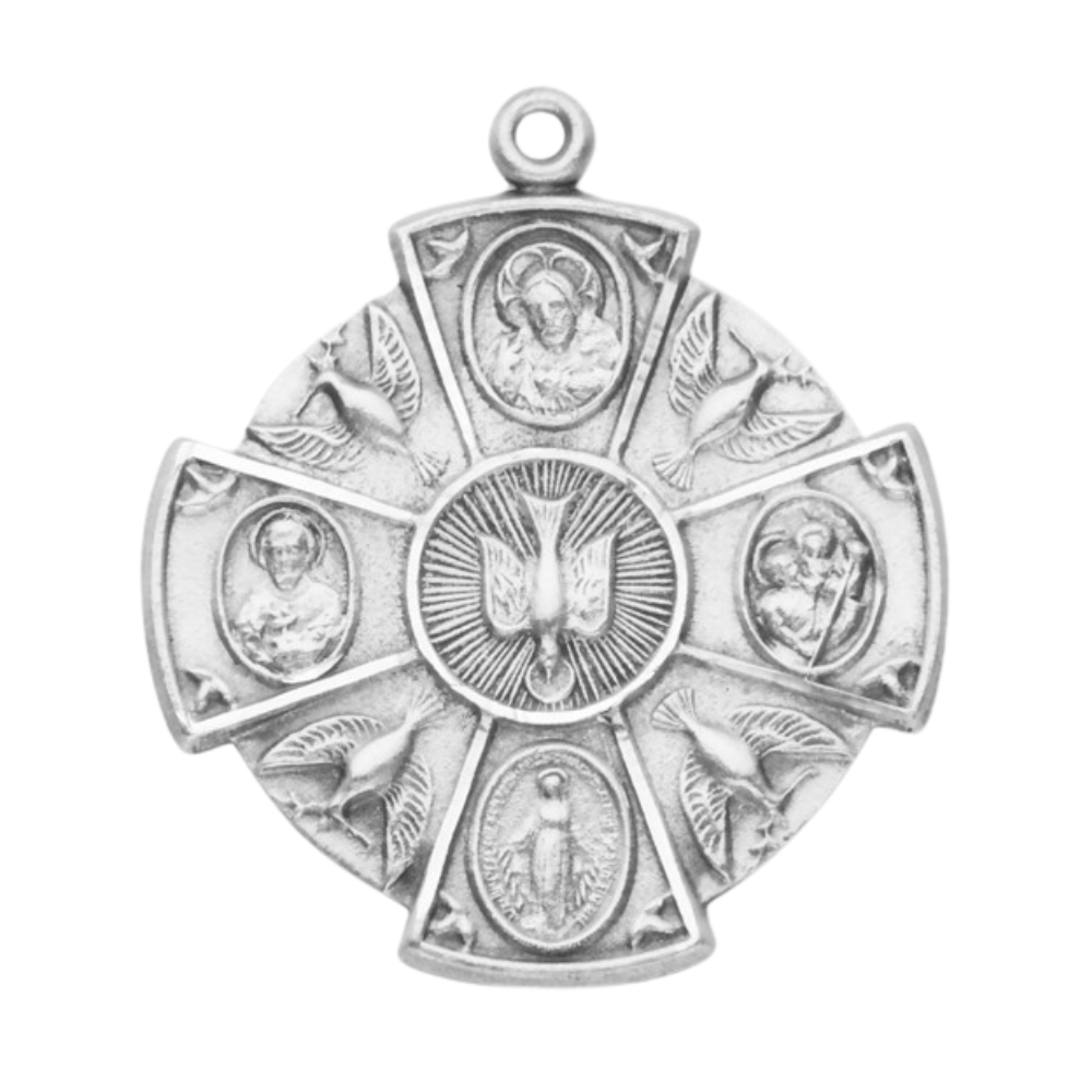 4-Way Holy Spirit Sterling Silver Medal Pendant — 24" Chain, Gift Box Included