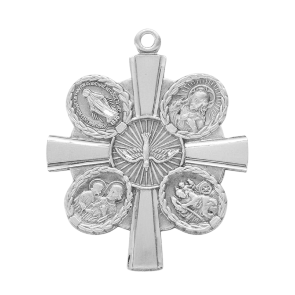 4-Way Medal Sterling Silver Pendant — 24" Chain, Made in USA, Gift Box Included