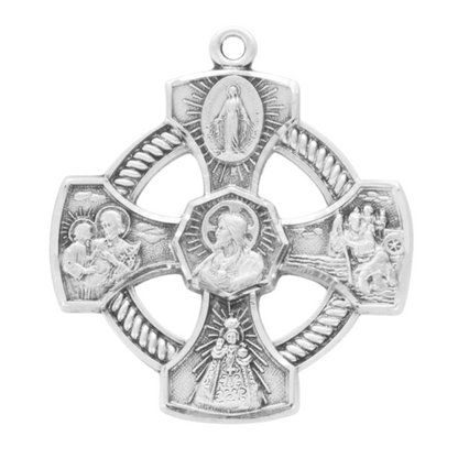 Sterling Silver Pierced 4-Way Medal with Halo, 24" Rhodium Plated Stainless Steel Chain – Made in USA – Deluxe Velvet Gift Box Included