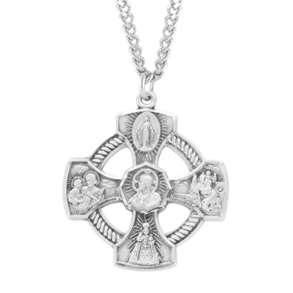 Sterling Silver Pierced 4-Way Medal with Halo, 24" Rhodium Plated Stainless Steel Chain – Made in USA – Deluxe Velvet Gift Box Included