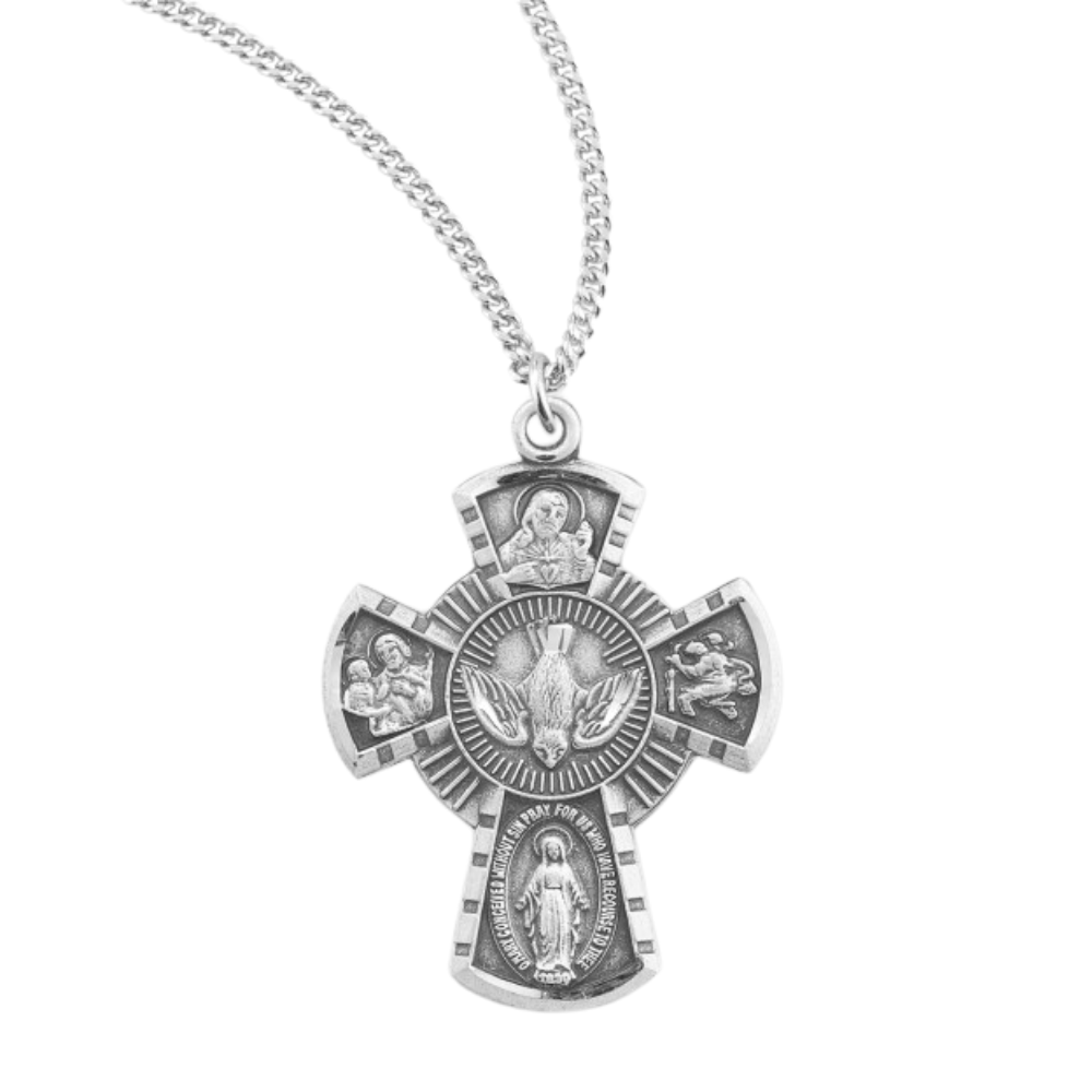 Sterling Silver 4-Way Medal, Catholic Gift, Made in USA