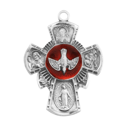 4-Way Medal Red Sterling Silver Pendant — 24" Chain, Made in USA, Gift Box