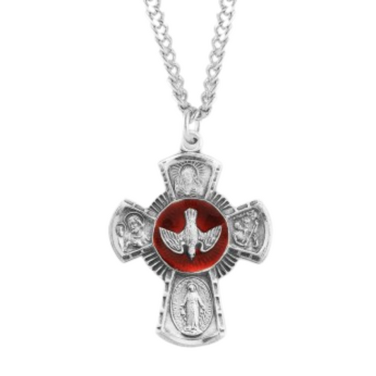 Sterling Silver Red Enameled 4-Way Medal, Catholic Gift, Made in USA