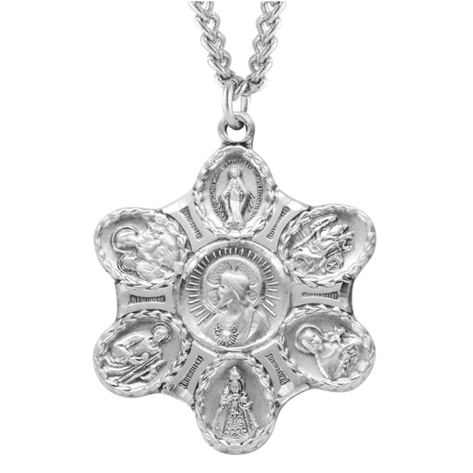 Sterling Silver 7-Way Medal with 24" Rhodium Plated Stainless Steel Chain Necklace, Made in USA- Deluxe Velvet Gift Box Included