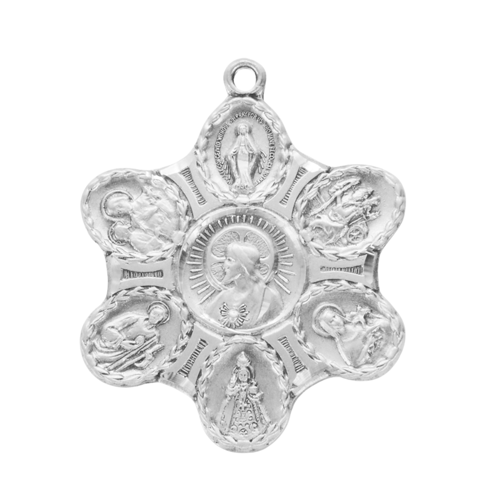 Sterling Silver 7-Way Medal with 24" Rhodium Plated Stainless Steel Chain Necklace, Made in USA- Deluxe Velvet Gift Box Included