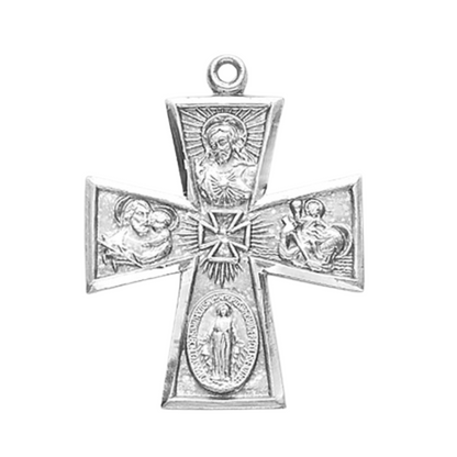 4-Way Catholic Medal Sterling Silver Pendant Necklace — 24" Chain, Gift Box
