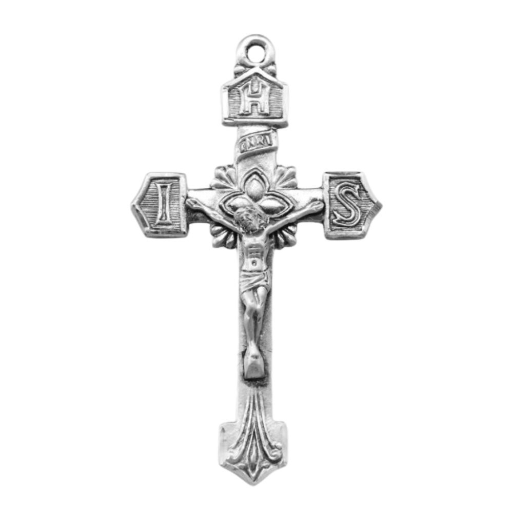 IHS Crucifix Sterling Silver Pendant Necklace — 24" Chain, Made in USA, Gift Box