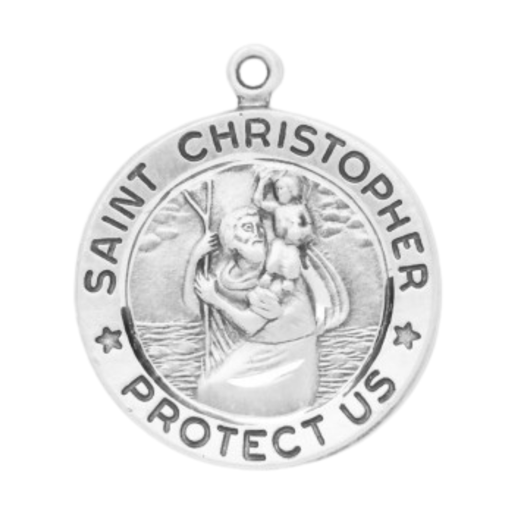 Saint Christopher Sterling Silver Round Medal Pendant — 20" Chain, Made in USA